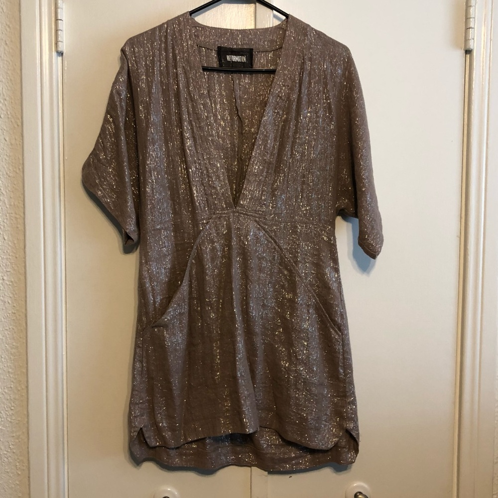 Reformation Metallic Taupe V-Neck Women’s Dress with Subtle Shine